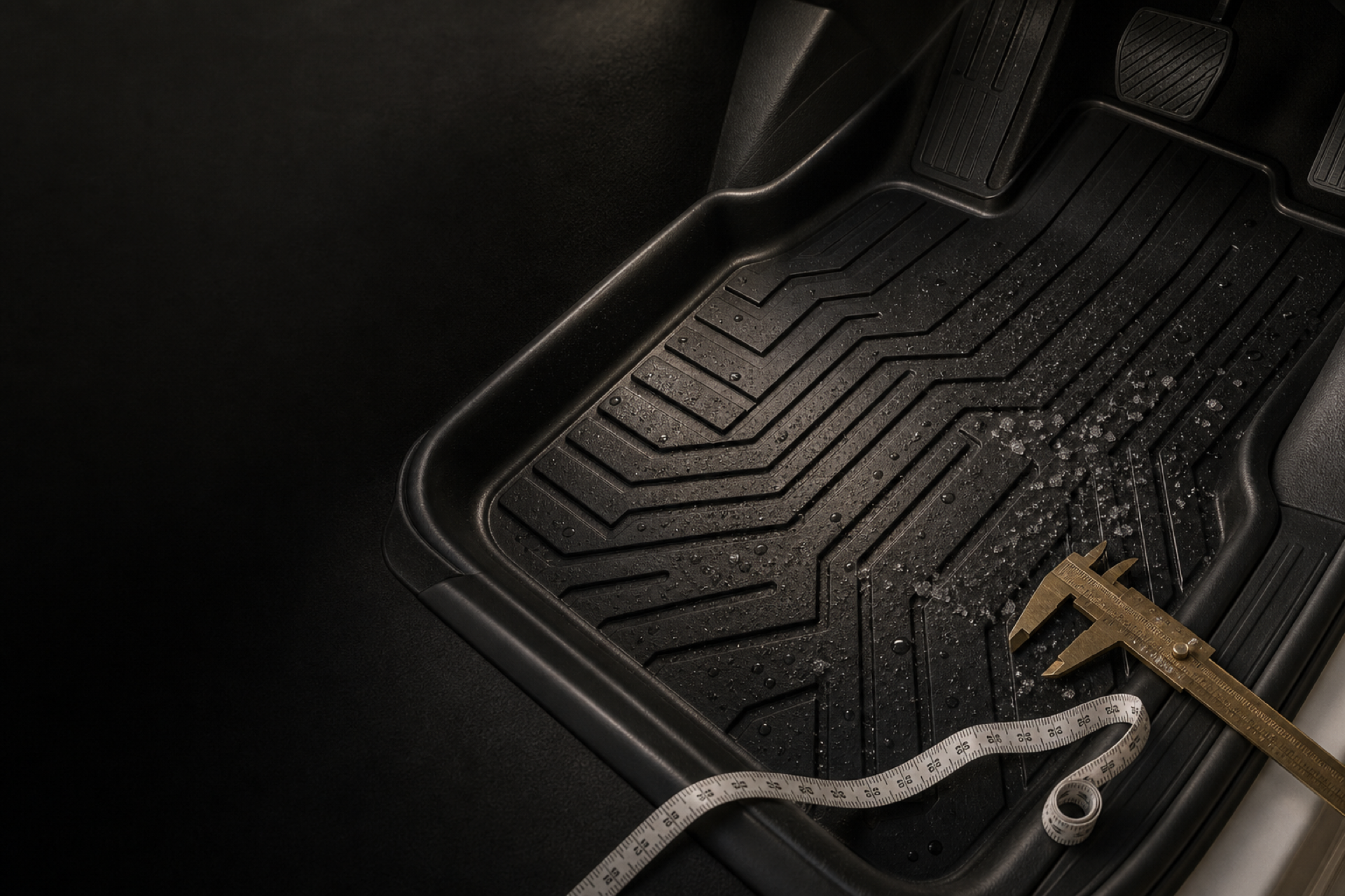 Custom-fit car floor liner on an inspection bench with measurement tools and salt-water droplets